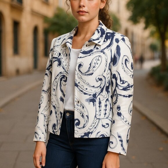 Escada Jackets & Blazers - VINTAGE ESCADA Blazer Suit Jacket 44 8 10 White Navy Wearable Art Paisley